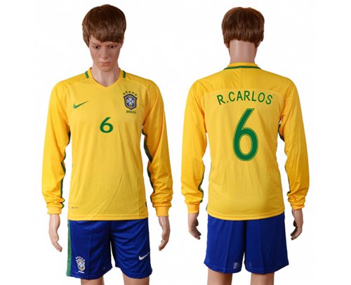 Brazil #6 R.Carlos Home Long Sleeves Soccer Country Jersey